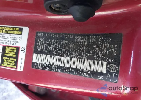 2012 Toyota Corolla Le из США, поврежденный, VIN 2T1BU4EE6CC821400